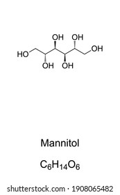 Mannitol, chemical formula and skeletal structure. D-Mannitol, mannite or manna sugar. Isomer of sorbitol, used as sweetener in diabetic food and medication to decrease pressure in eyes. E421. Vector. svg
