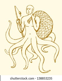 Man-octopus fishing his own kinds, vector sketch illustration