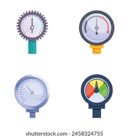 Manometer icons set cartoon vector. Different type of pressure gauge. Pipe pressure gauge measurement