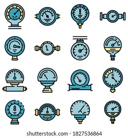Manometer icons set. Outline set of manometer vector icons thin line color flat on white
