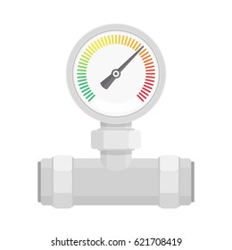 Manometer on water pipe in flat style isolated on white background. Pressure sensor, gauge tool icon on factory pipeline. Vector illustration. EPS 10.