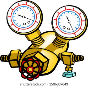 Manometer with reducer at hospital close-up, Reducer with pressure gauge, Pressure Gauge tool equipment, pressure gauge on a gas regulator in a laboratory analytical equipment.