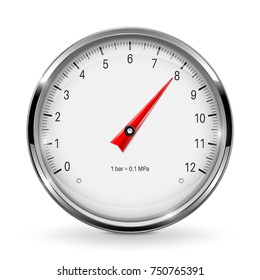 Manometer. Round gauge with metal frame. Vector 3d illustration isolated on white background