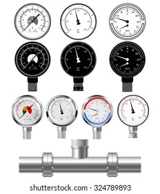 Manometer set and chrome pipe with flange. Vector isolated on white background..