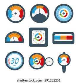 Iconos del juego de manómetros, presión y manómetro de temperatura. Ilustración del vector