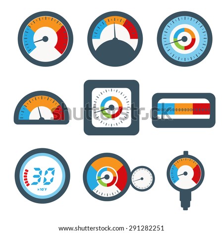 Manometer set, pressure and Temperature gauge set icons. Vector illustration
