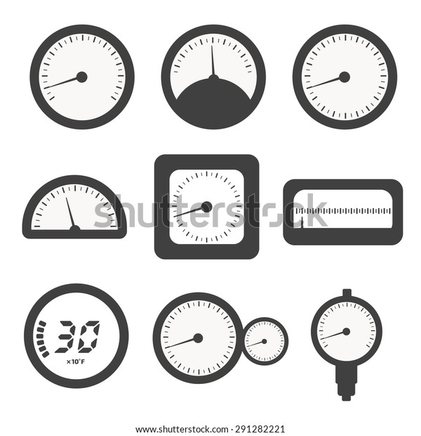 Manometer set, pressure and Temperature\
gauge set icons. Vector\
illustration