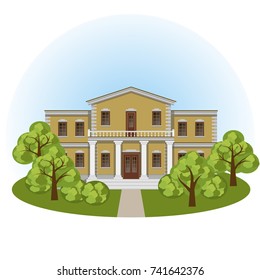 Manor house in spring landscape, front view. Colorful cartoon scene with mansion and green trees . Vector illustration