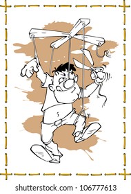 Man-puppet trying to cut their ropes.