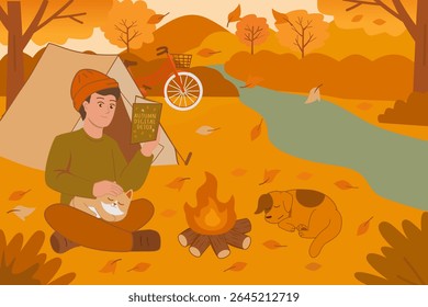 Man's Autumn Digital Detox Camping with Pets by the River