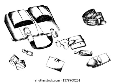 Man's bag. What man has in bag elements sketch kit, classic stuffs for business, universal set for posters, flyers, web- sites, scrapbooking graphics