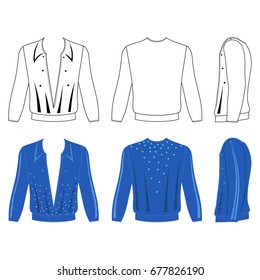 Man's ballroom dancing long sleeve t-shirt outlined costume template (front, side & back view), vector illustration isolated on white background