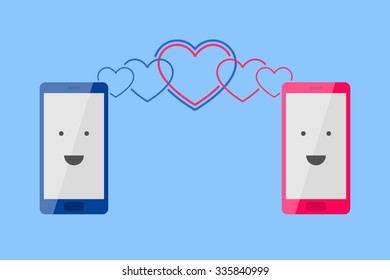 Man's blue phone and woman's pink phone with smiling faces is placed one near by another, and heart-shaped waves is spreading toward each other. Enamored persons are talking by phone