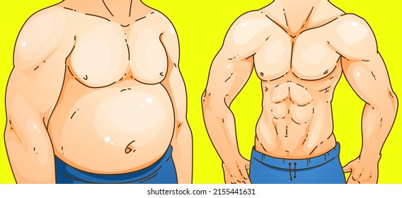 A man's body with belly fat. Before, after. Healthcare illustration. Vector illustration. 
