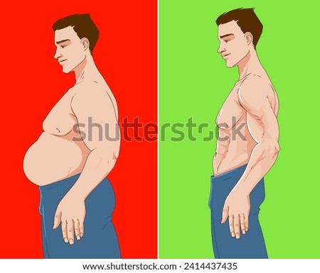 A man's body with belly fat. Before, after. Healthcare illustration. Vector illustration. 