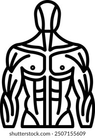 A man's body is drawn in black and white. The image is of a muscular man with a strong physique. The man's chest and stomach are emphasized, and his arms are shown prominently