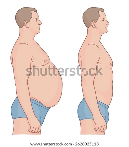 Man`s body weight loss before and after. Vector illustration.