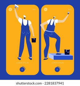 The mans, builders in uniform and helmet paint with a brush and a roller. They restoration Ukrainian city. GOOD for UI UX design for mobile. SUPPORT UKRAINE, NO WAR. 