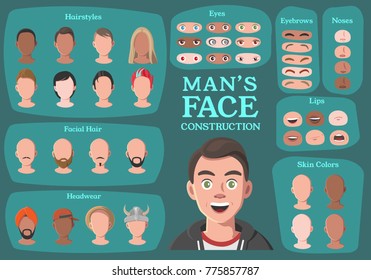 Man's Character Constructor. From Businessman to Hipster. Cartoon Man's Face Parts, Creation Spare Parts. Cartoon Style Faces. Body Part. Vector Illustration