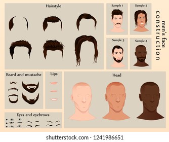 Man's Character Constructor. Cartoon Man's Face Parts, Creation Spare Parts. Cartoon Style Faces. Body Part. Vector Illustration.