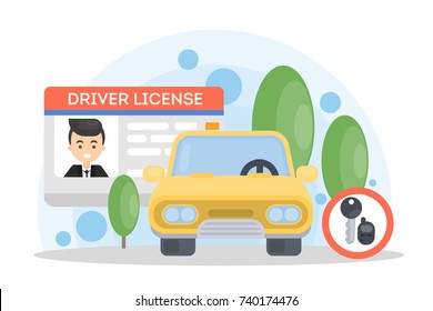 Man's driver license. Id card and automobile.