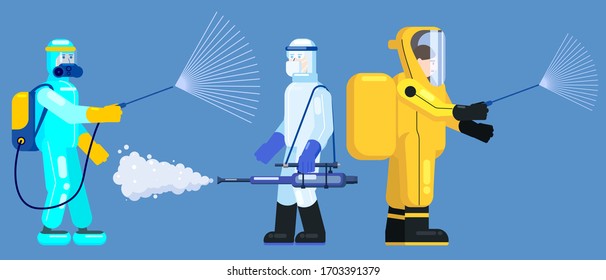 Mans edical scientists in chemical protection suit disinfects spray to cleaning and disinfect virus Covid-19, Coronavirus disease, preventive measures. Vector illustration flat style