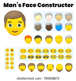 Man's Emoji Character Constructor. From Hipster to Grandfather. Cartoon Man's Face Parts, Creation Spare Parts. Emoji Style Faces. Vector Illustration