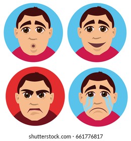 A man's face is an avatar. Four emotions - evil, surprised, joyful, sad.