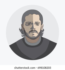 Man's face. Avatar. logo, template, icon, sticker. Fashion round flat icon for business, Internet, design. Game of Thrones character. John Snow