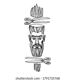 ein Gesicht eines Mannes in einem Friseur mit Schere, das Konzept eines modernen Haarschnitts, Vektorgrafik mit schwarzen Farbkonturen einzeln auf weißem Hintergrund im handgezeichneten & doodle-Stil