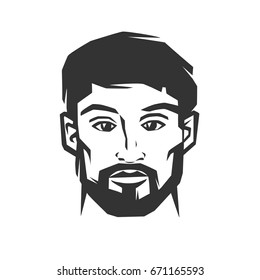 Man's face with beard. Black and white vector object.