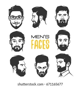 Man's face with beard. Black and white vector object.