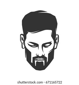 Man's face with beard. Black and white vector object.