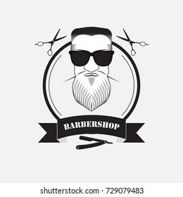 The mans face with a beard symbolizing a Barber shop. Items of hairdressing equipment.