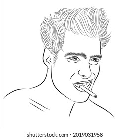Man's face close up, line vector illustration