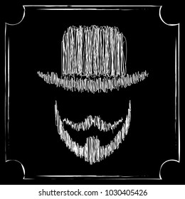 Man`s face drawing with scrabble white, on black background, vintage