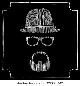 Man`s face drawing with scrabble white, on black background, vintage