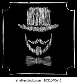 Man`s face drawing with scrabble white, on black background, vintage