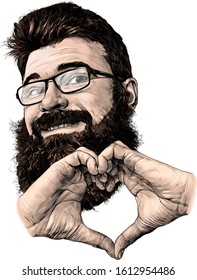 man's face in glasses with beard and luxuriant hair cute smiling with hands folded in heart shape, sketch vector graphics color illustration on white background