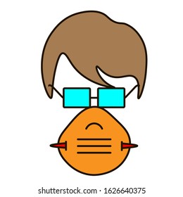Man's face with glasses and a respiratory mask. Disease Prevention Protection against dust and dirty air. Danger to health. Coronavirus protection. Vector illustration. Isolated on white background.