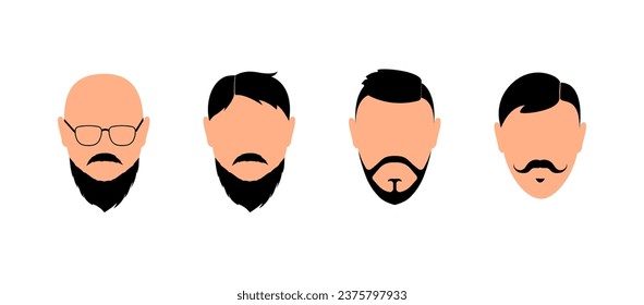 Man's face hairstyle for barber design. Guy silhouette with beard, mustache, and glasses. Portrait for barbershop in fashion style. vector