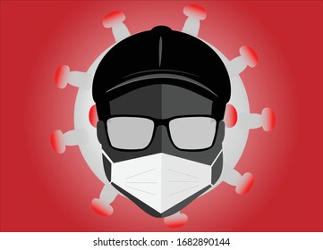 Man's face as illustration with virus protection mask with glasses and hat 