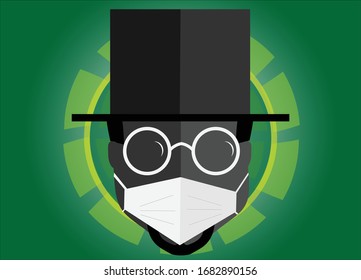 Man's face as illustration with virus protection mask with glasses and hat 