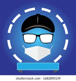 Man's face as illustration with virus protection mask with glasses and hat 