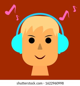 Man's face listens to music through headphones, vector