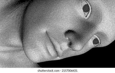 Man's face looking down. Abstract digital human head. Minimalistic design for business presentations, flyers or posters. Pixel art. 3d vector illustration.