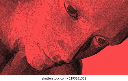 Man's face looking down. Abstract digital human head. Minimalistic design for business presentations, flyers or posters. Pixel art. 3d vector illustration.