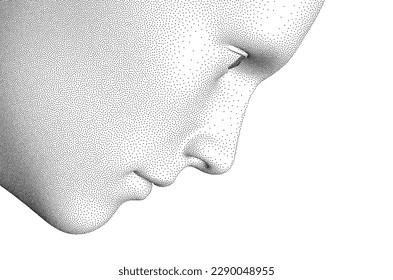 Man's face looking down. Abstract digital human head. Minimalistic design for business presentations, flyers or posters. Pixel art. 3d vector illustration.