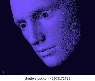 Man's face looking down. Abstract digital human head. Minimalistic design for business presentations, flyers or posters. Pixel art. 3d vector illustration.