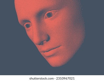 Man's face looking down. Abstract digital human head. Minimalistic design for business presentations, flyers or posters. Pixel art. 3d vector illustration.